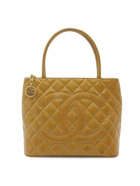 Chanel Quilted CC Logo Medallion Tote Shoulder Bag Enamel Patent Leather Yellow